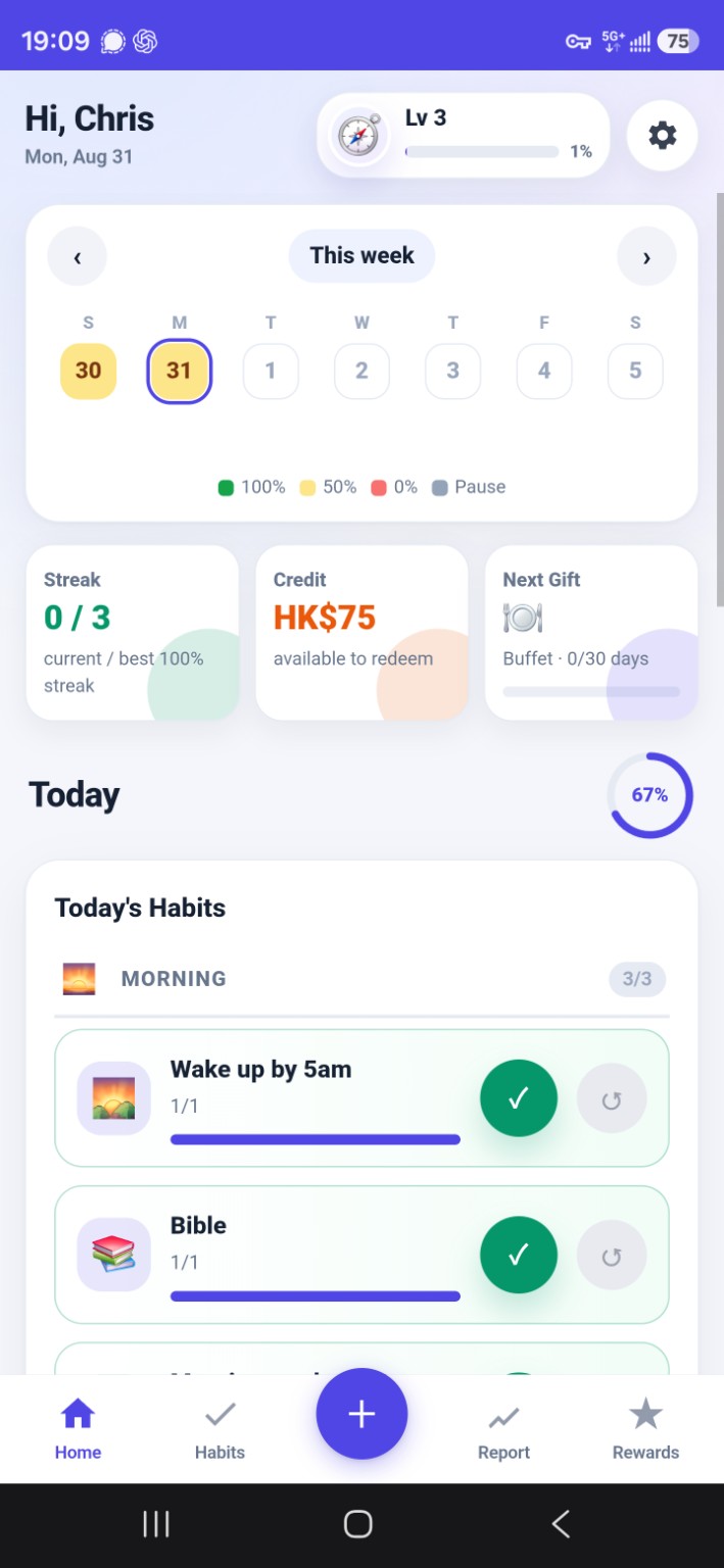 Functioning habit app home screen